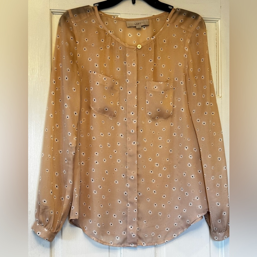 LOFT Tan Floral Button-Front Blouse